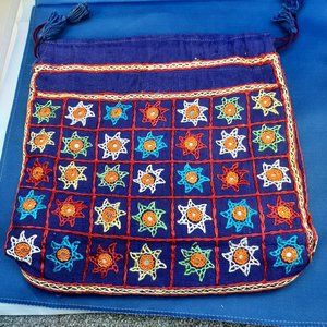 Embroidered  Drawstring Bag Tassels Boho Mirror Work Sewing Market Colorful EUC